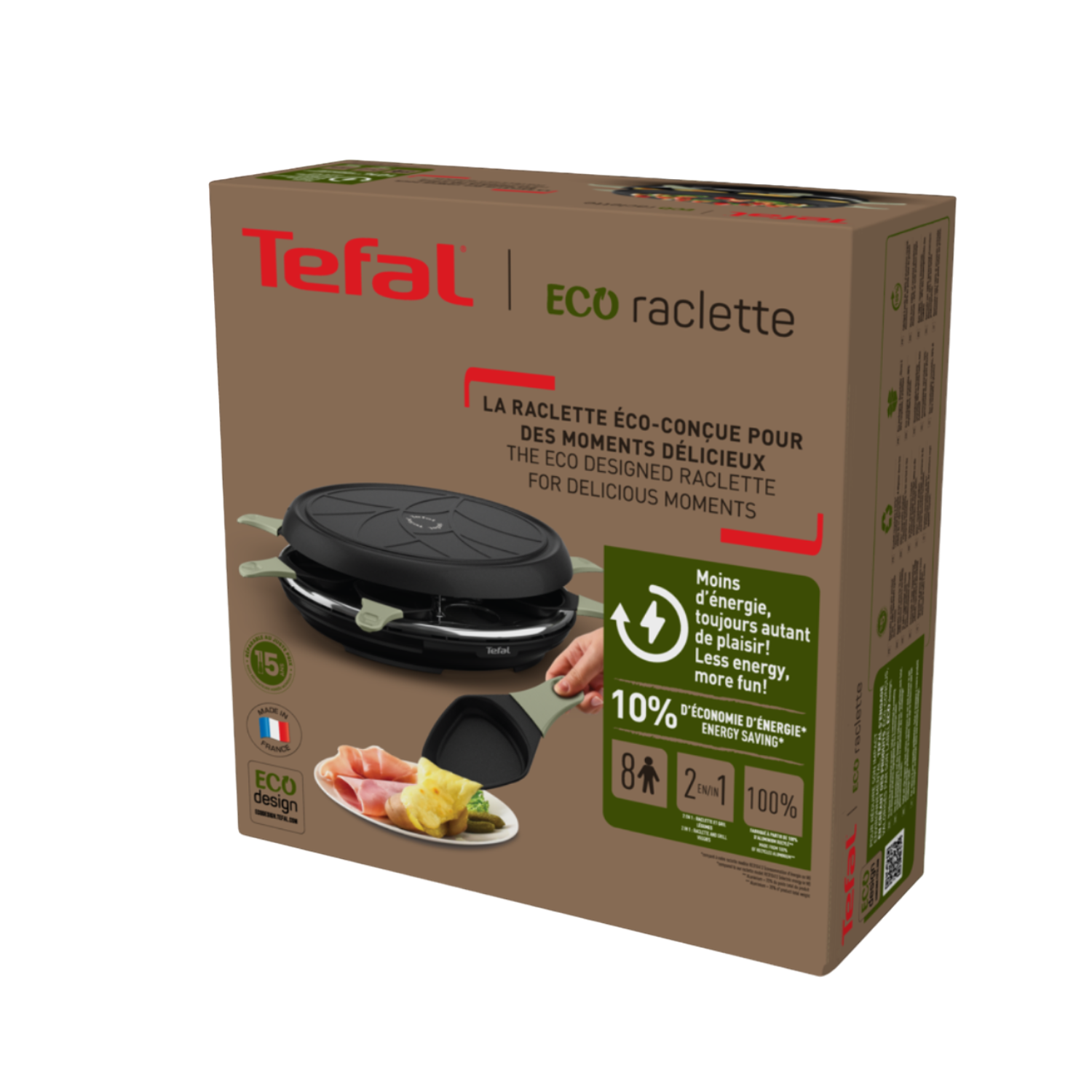 A box of Tefal Eco raclette. It features a raclette grill, a hand holding a spatula, and text.