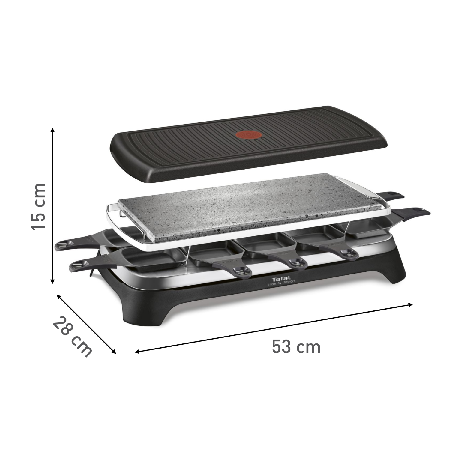 Raclette grill met afmetingen weergegeven. Het heeft een zwarte basis en een stenen kookoppervlak.