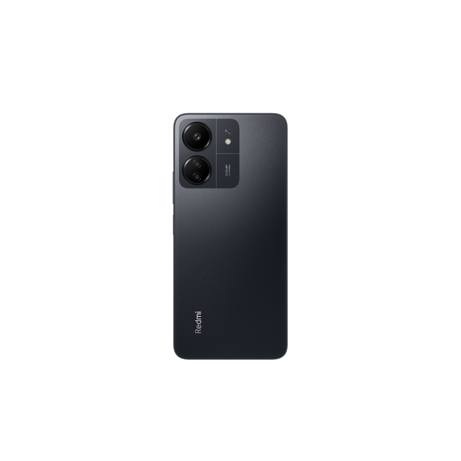 The back of a dark grey Redmi phone. It has two camera lenses and the Redmi logo.