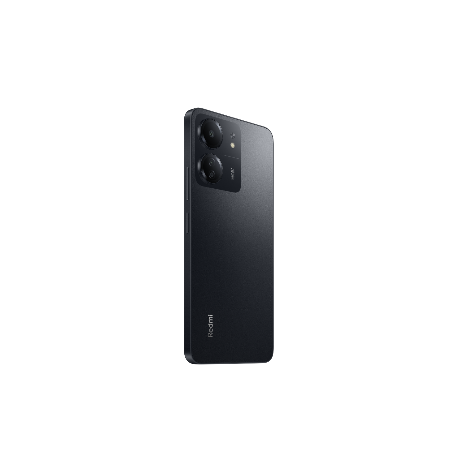 Black smartphone from a side angle on a black background. The back has two cameras.