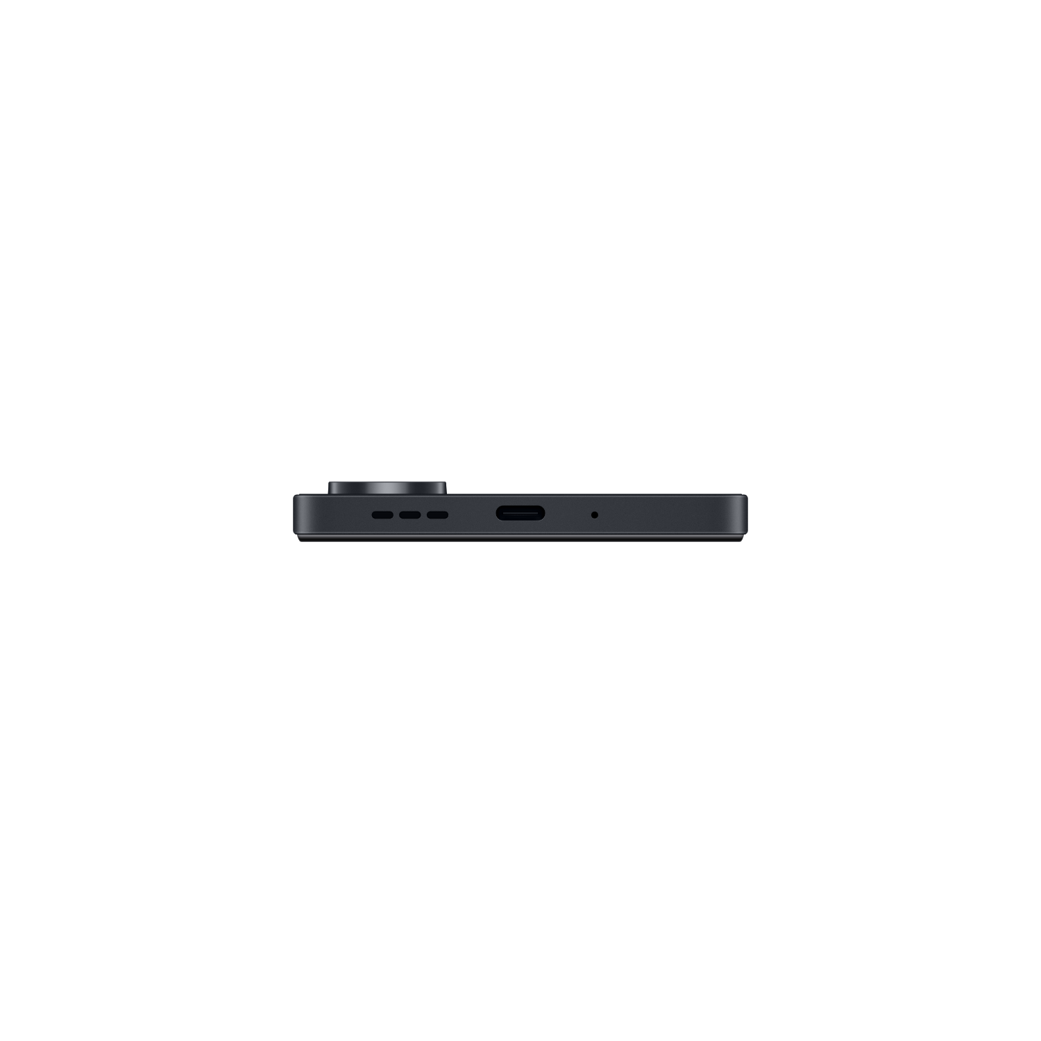 Side view of a black smartphone with a camera and ports.