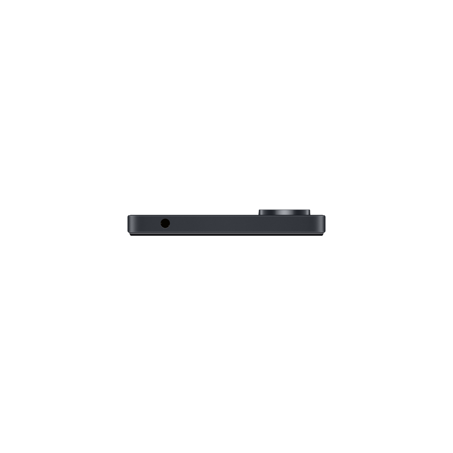 A black phone. The side of the phone with the camera and microphone is visible. The background is black.