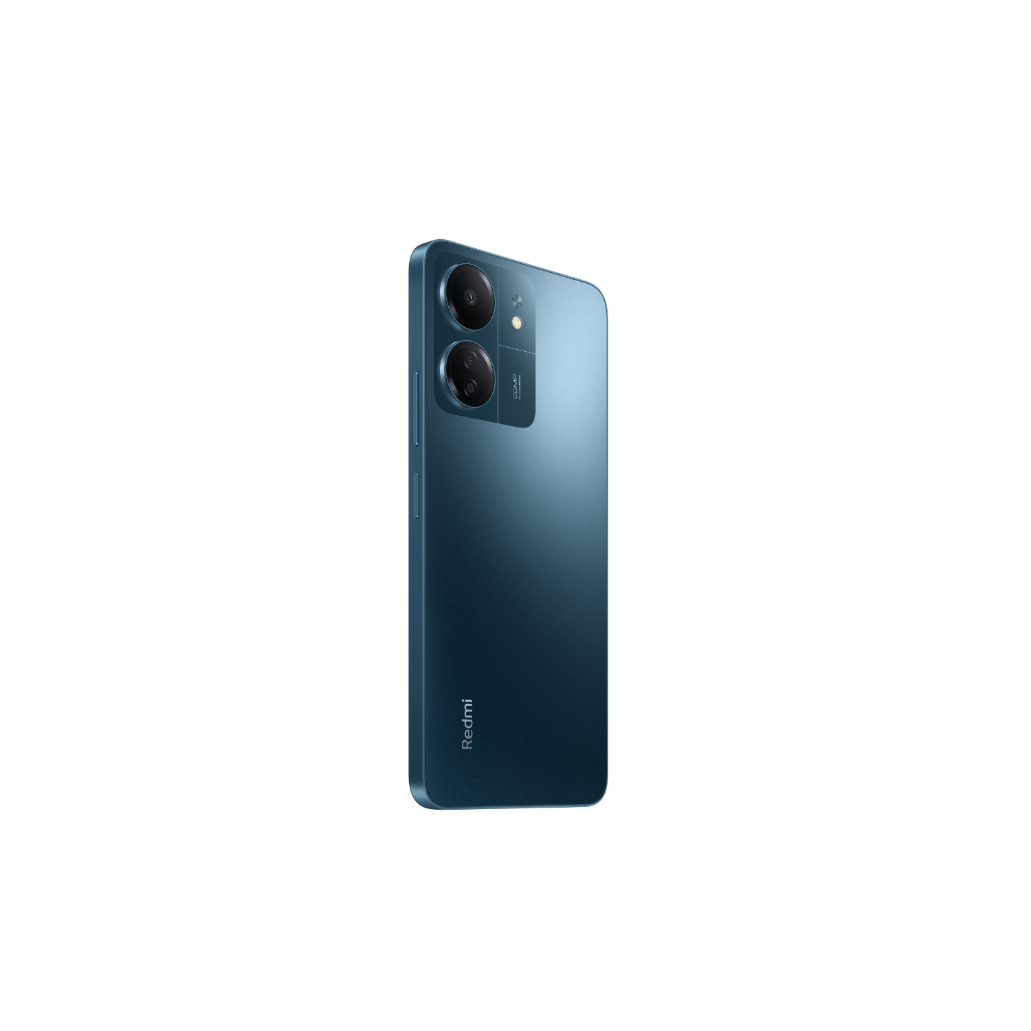 Een blauwe telefoon met twee camera's op een zwarte achtergrond, onder een hoek om de achterkant te laten zien.
