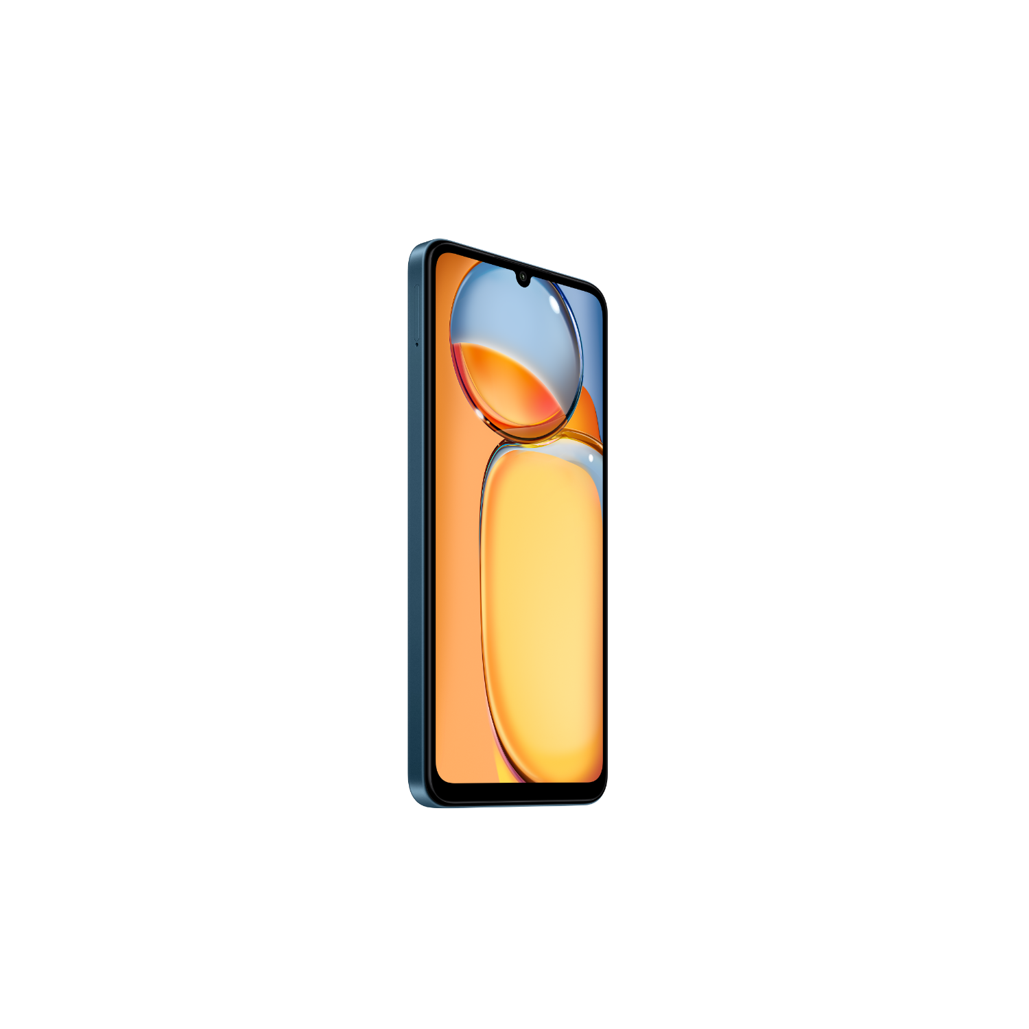 Een turkoois smartphone met een oranje en blauw scherm tegen een zwarte achtergrond.