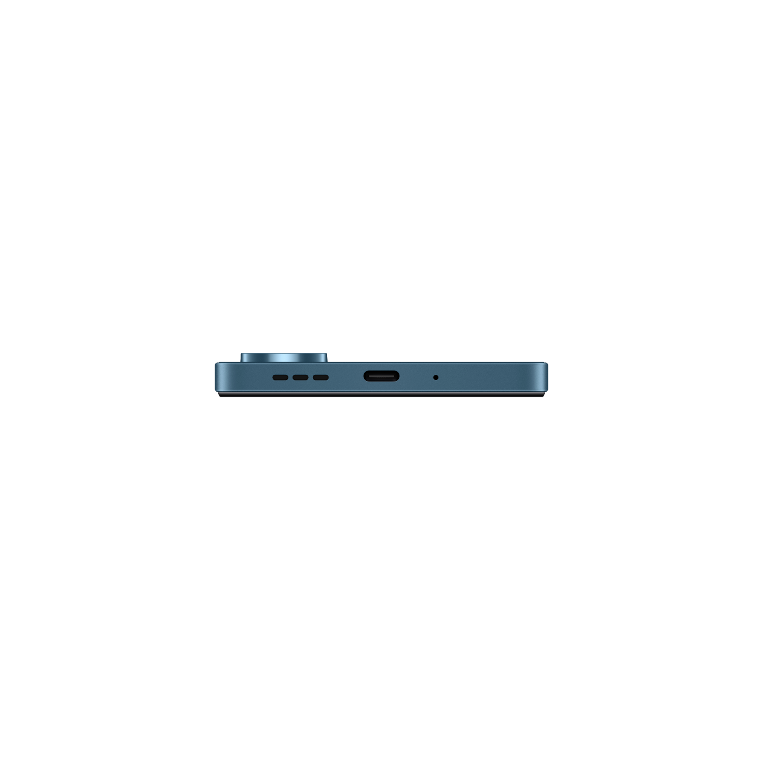 Een blauwe smartphone met drie cameralenzen op een zwarte achtergrond.