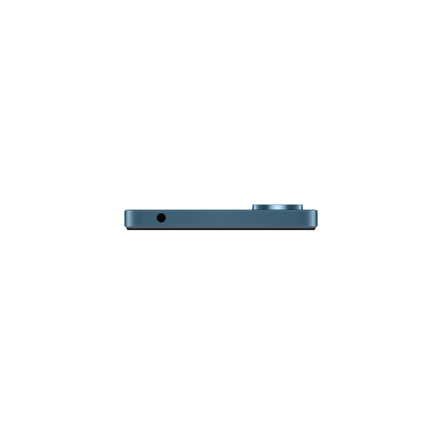 Zijaanzicht van een blauwe smartphone op een zwarte achtergrond. Een cameralens en een gat zijn zichtbaar.