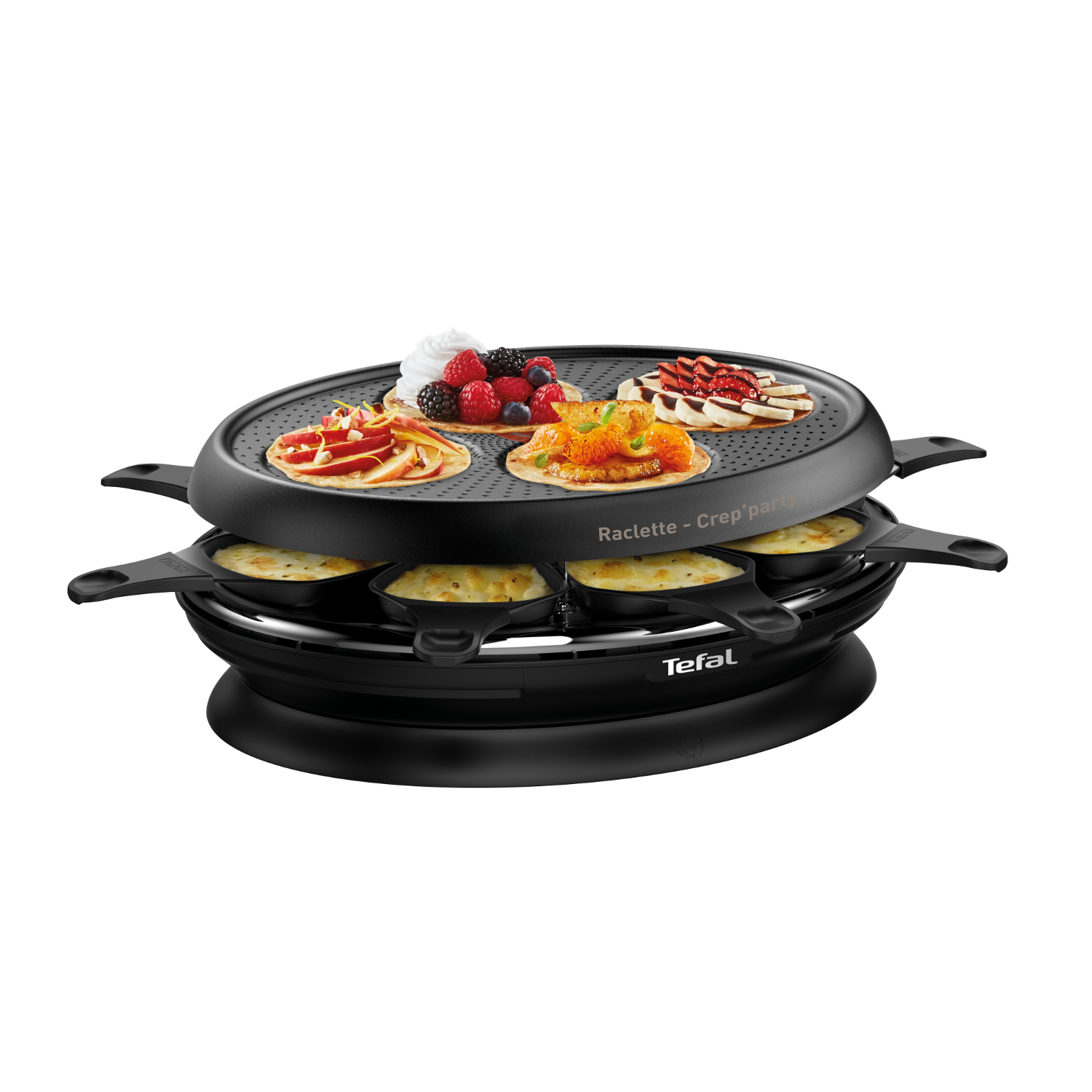 Machine Raclette Crep Party avec crêpes et garnitures, sur fond noir.