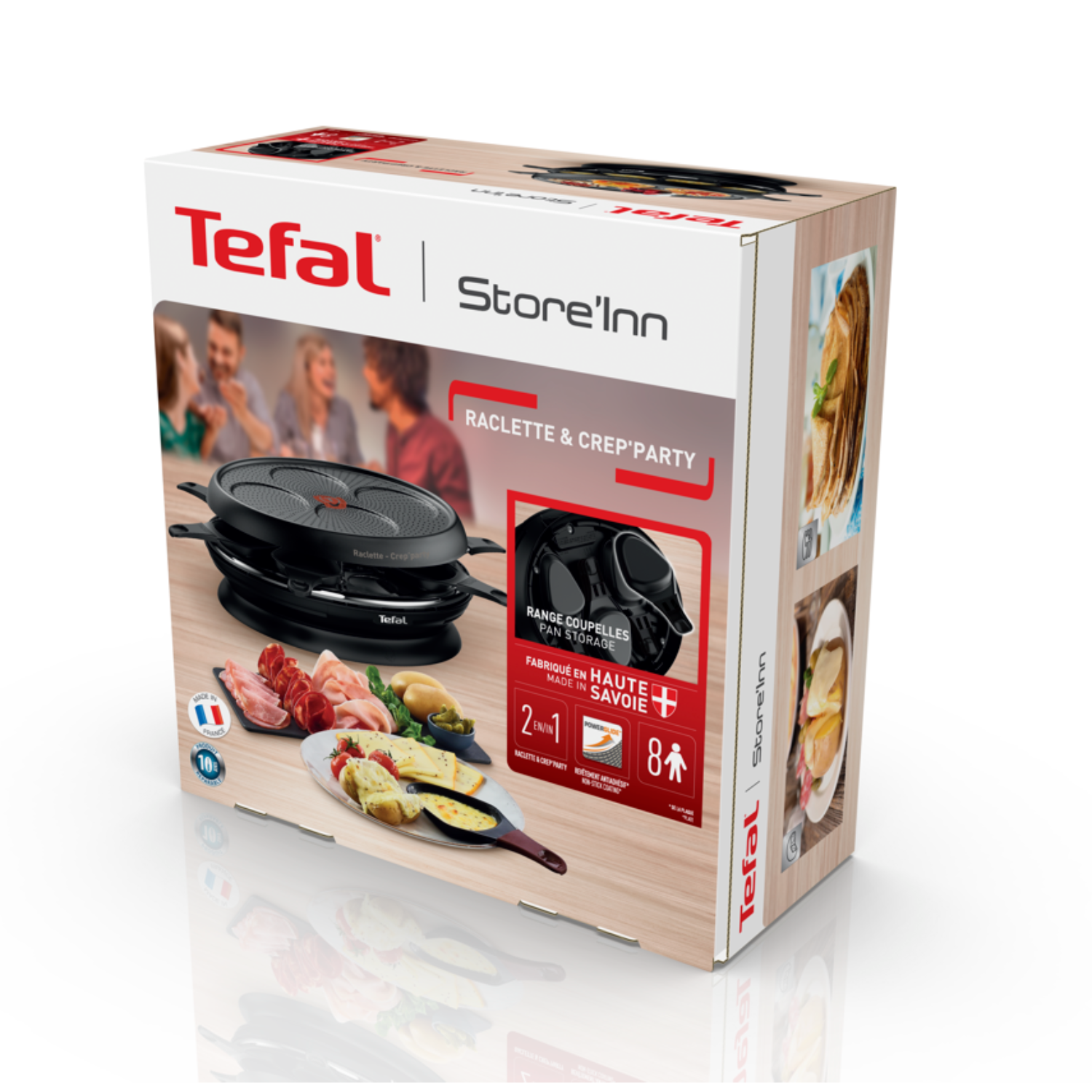 Boîte Tefal Store'Inn Raclette & Crêp'Party montrant l'appareil et les ingrédients sur fond blanc.