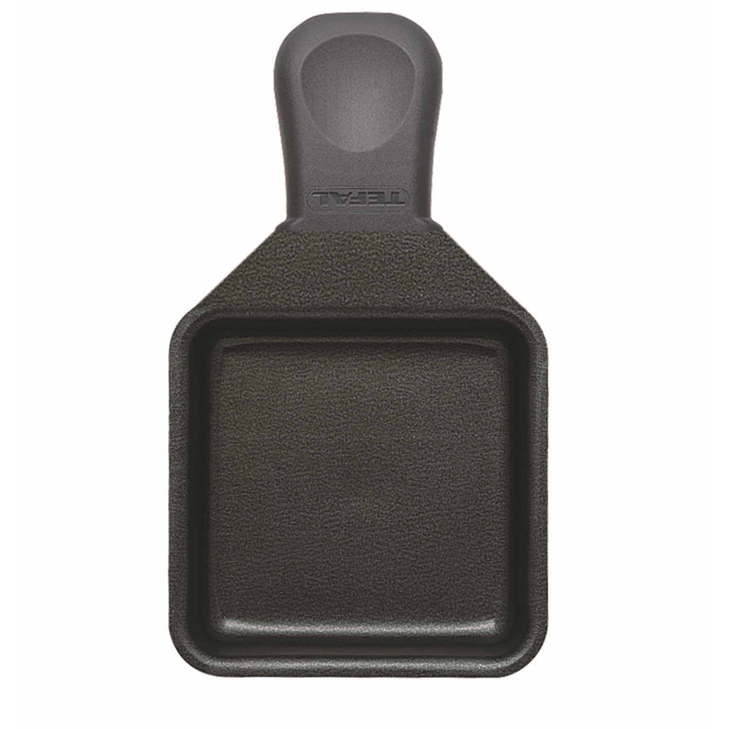 Poêle à raclette carrée noire avec une poignée. Le mot Tefal est sur la poignée.