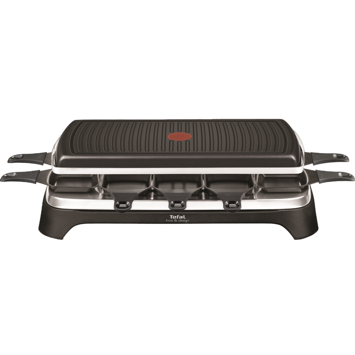 Gril à raclette Tefal. Noir et argent avec surface de gril et supports à fromage.