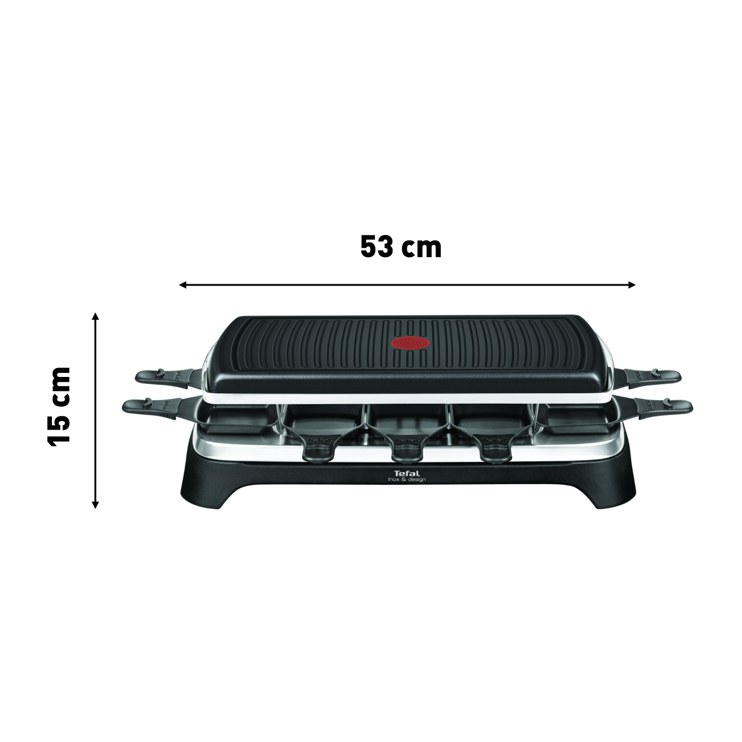 Grill à raclette avec dimensions : 53 cm de large, 15 cm de haut. Design noir et argenté.