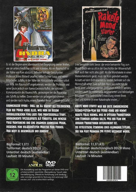 Zwei DVD-Hüllen mit deutschem Text. Einer zeigt eine Rakete, der andere eine Frau.