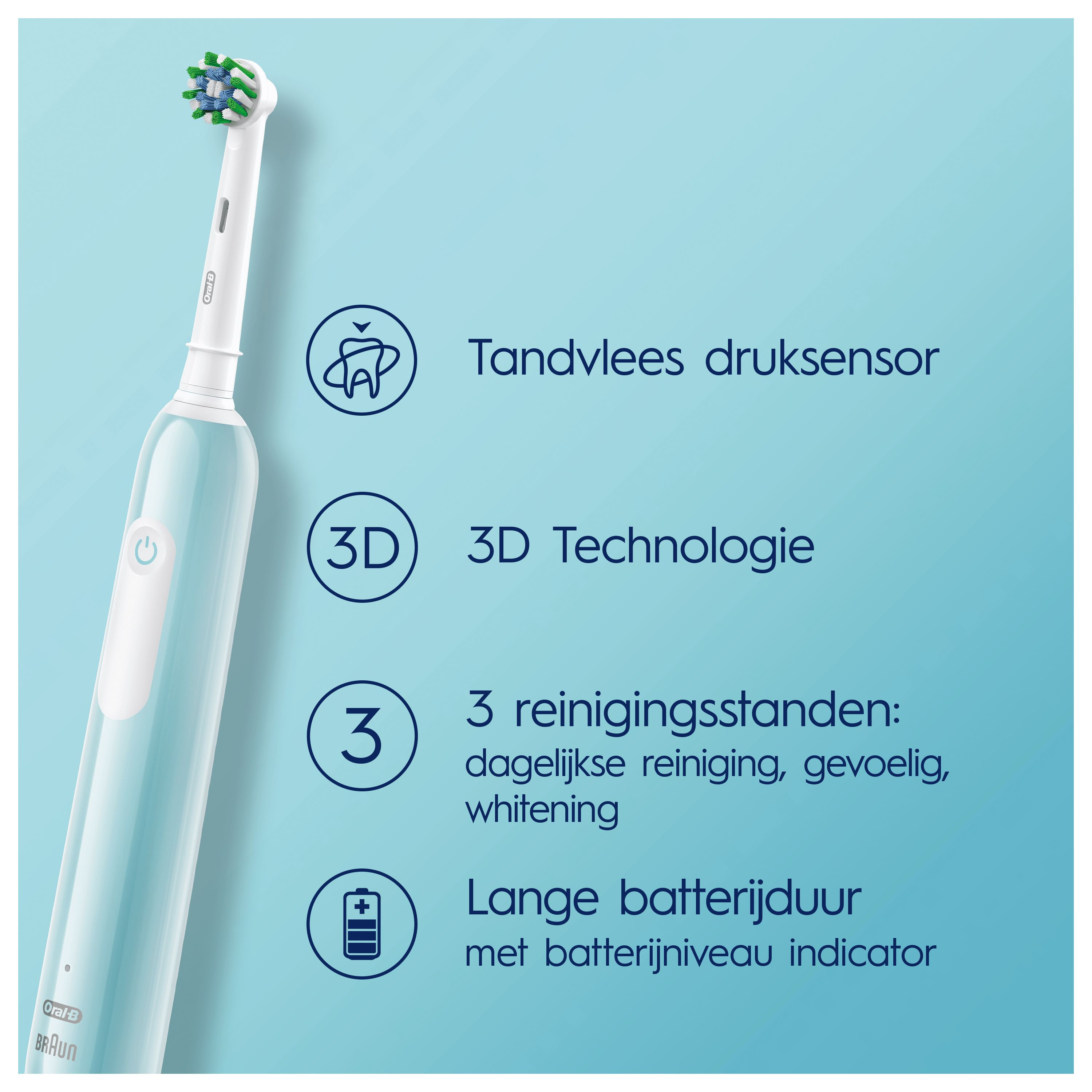 Elektrische tandenborstel Oral-B. Kenmerken: tandvleesdruksensor, 3D-technologie, 3 reinigingsstanden, lange batterijduur.