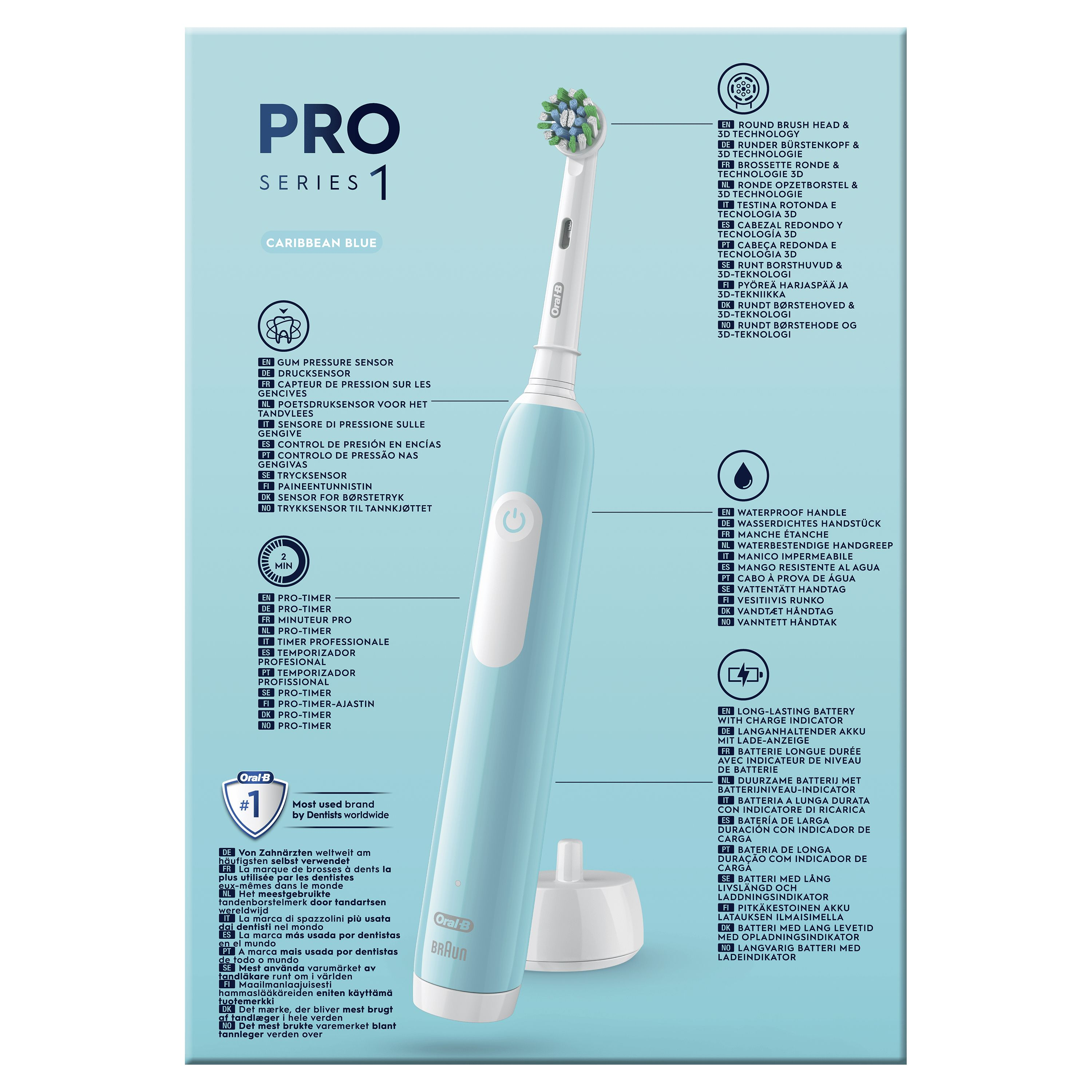 Brosse à dents bleue avec divers éléments textuels. La brosse est blanche, textes en plusieurs langues.