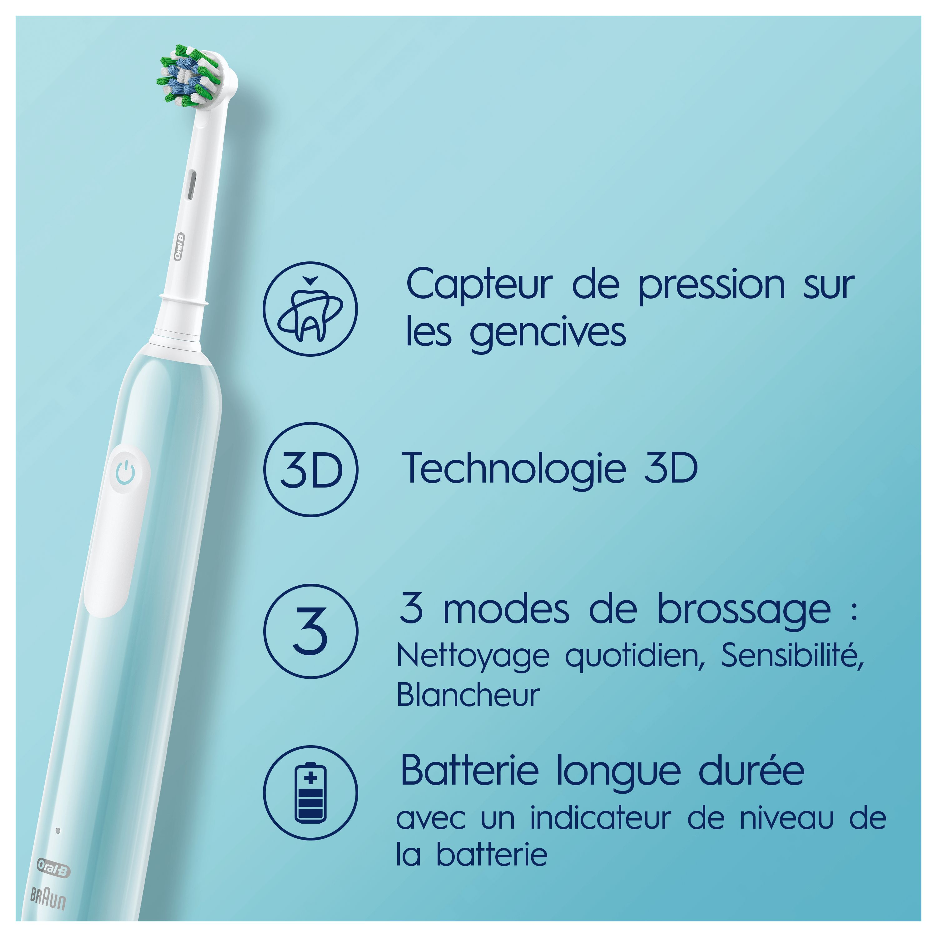 Une brosse à dents électrique bleue et blanche avec du texte.
