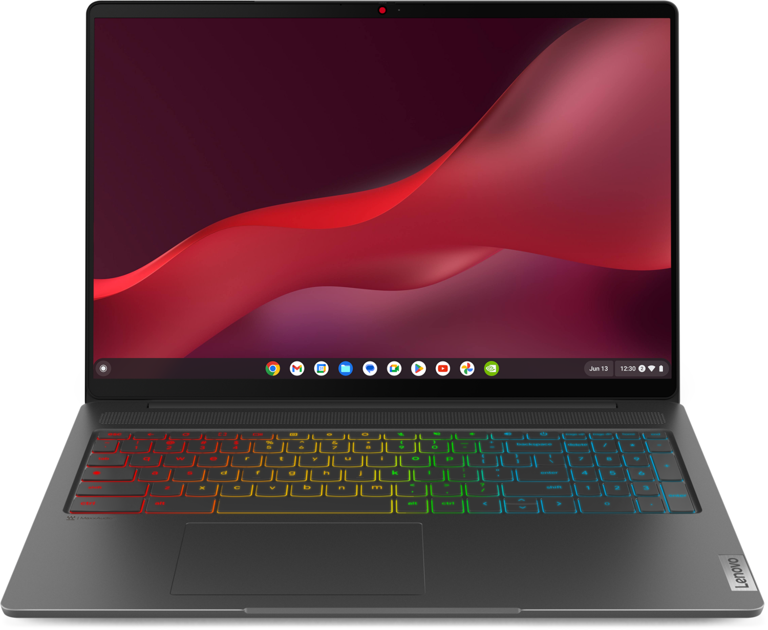 Laptop, scherm toont een rode en paarse gradiënt, toetsenbord met regenboogverlichting.