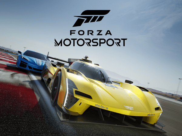 Gelbe und blaue Rennwagen auf einer Rennstrecke, mit Forza Motorsport Text oben.