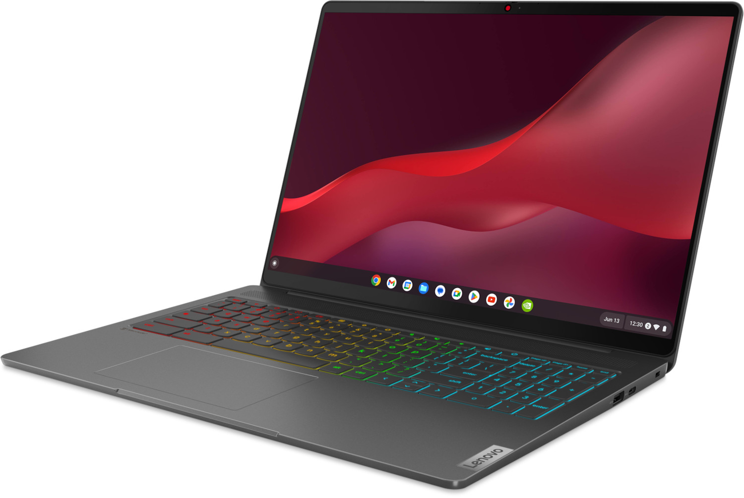 Een grijze laptop met een kleurrijk toetsenbord en een rood en zwart scherm.