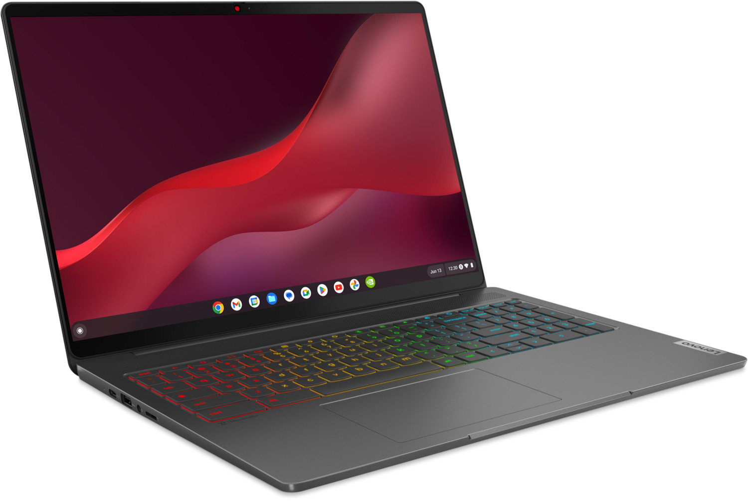 Een zilveren laptop met een kleurrijk toetsenbord.