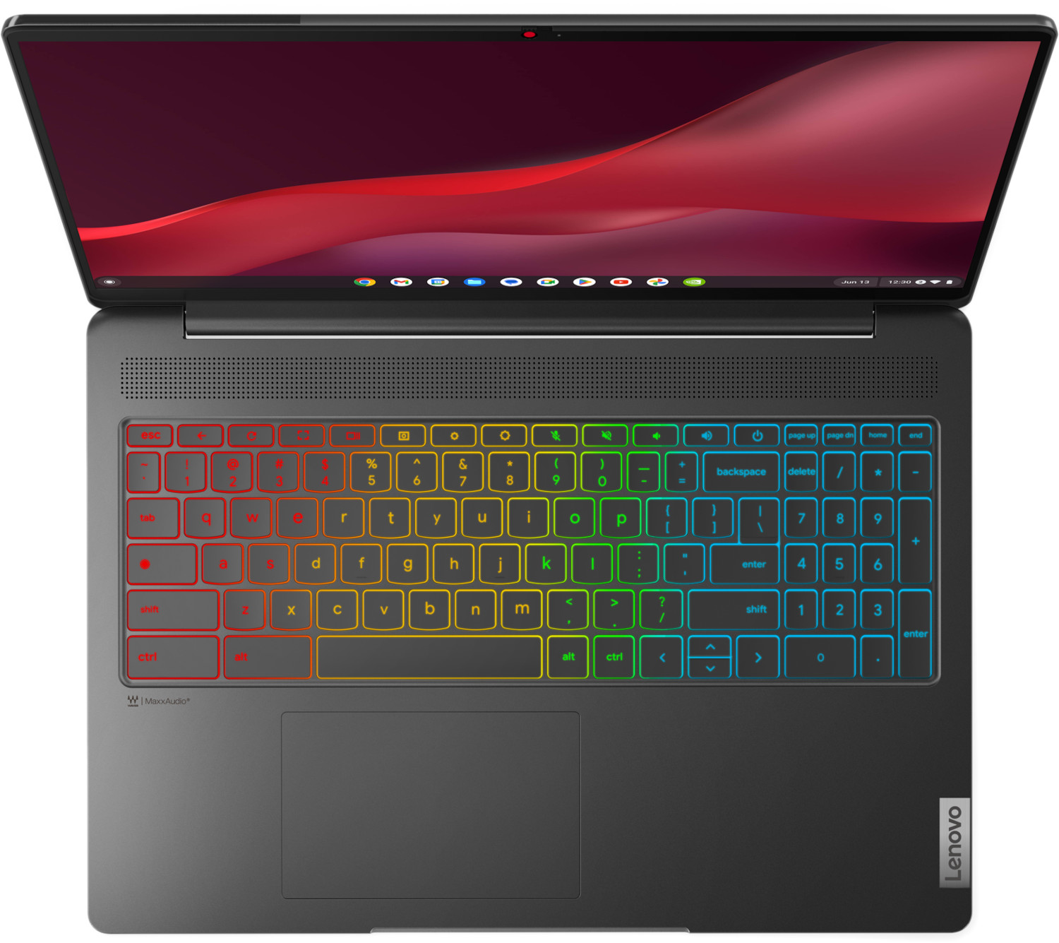 Bovenaanzicht van een laptop met kleurrijk verlicht toetsenbord en een rood en paars scherm.