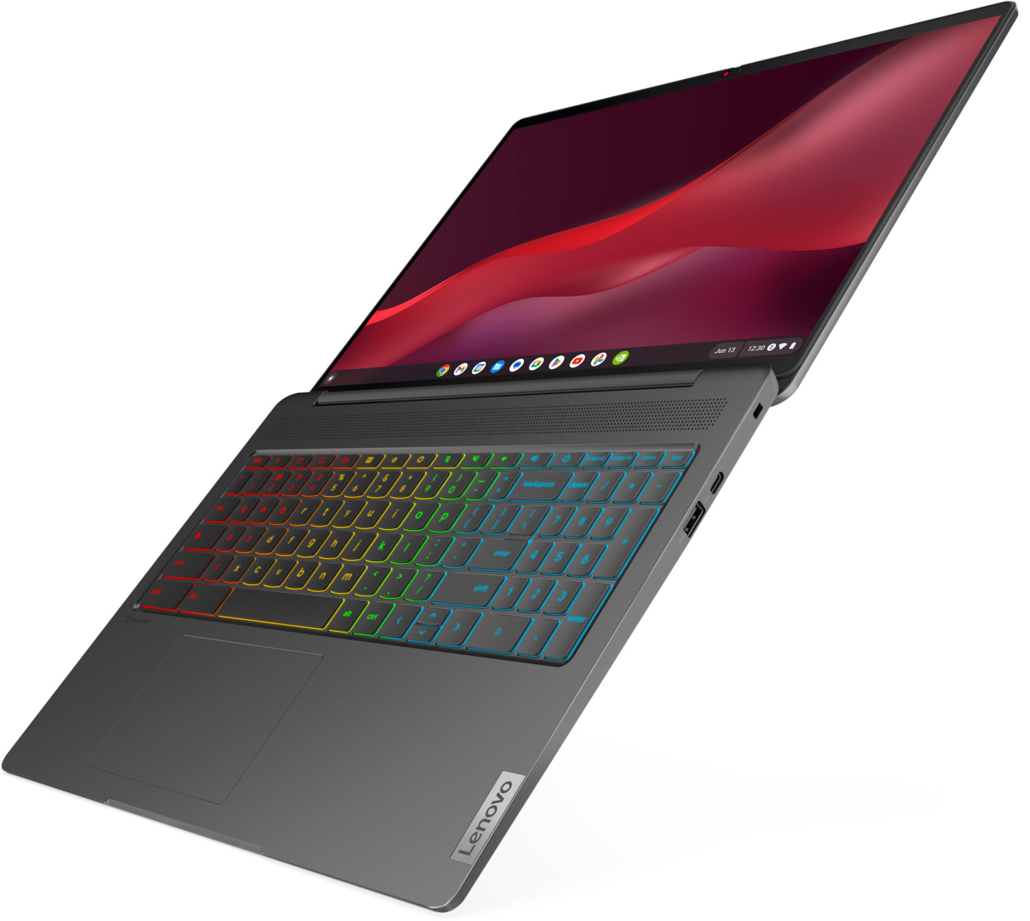 Laptop met een gekleurd toetsenbord en een rood scherm. Lenovo-logo in de rechterbenedenhoek. Schuine weergave.