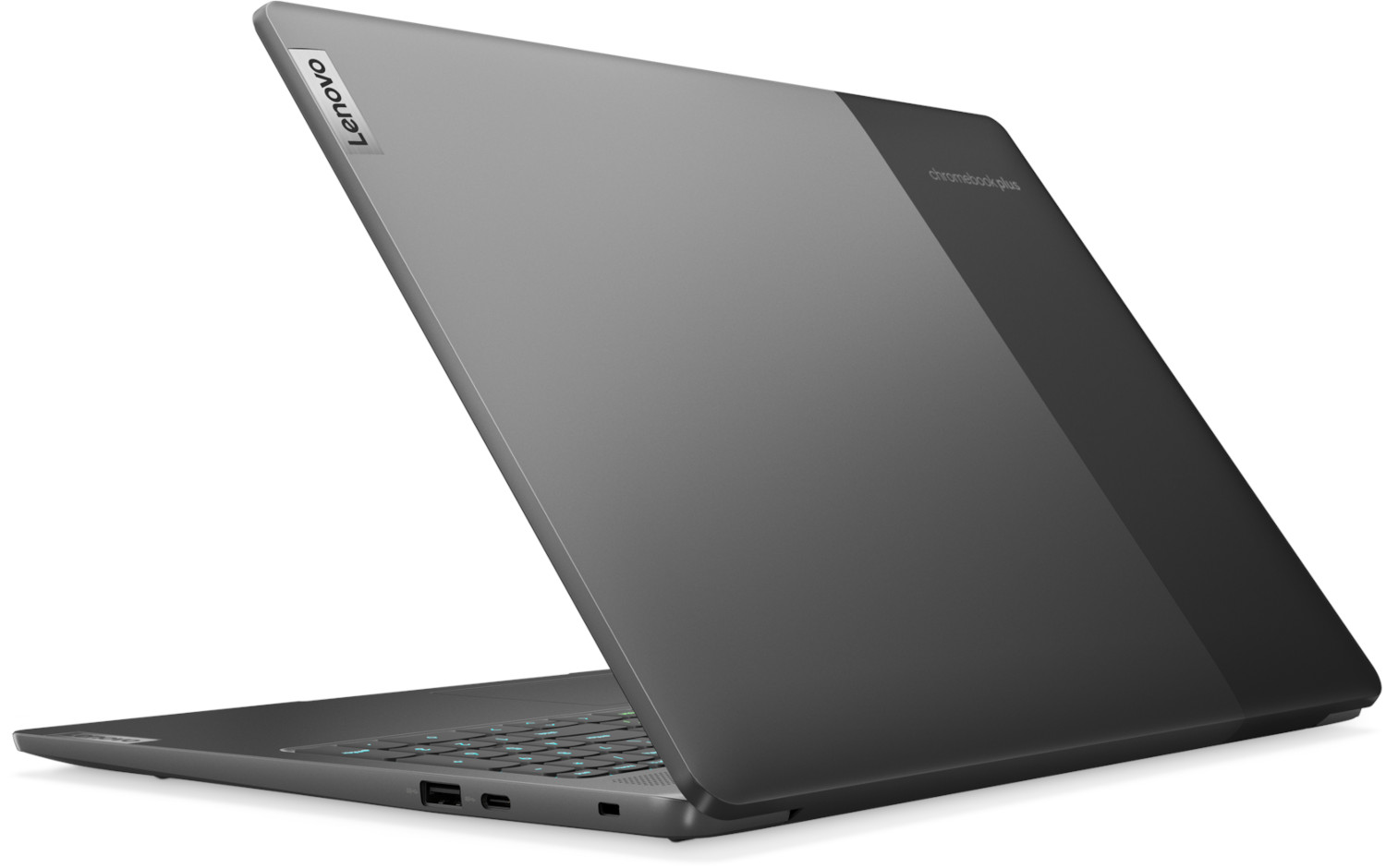 Lenovo Chromebook laptop, gesloten. Grijs en zwart kleurenschema.