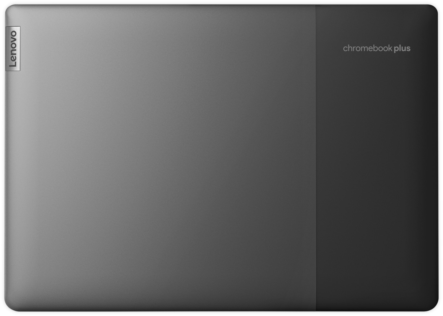 Bovenaanzicht van een grijze Lenovo Chromebook Plus laptop. De merknaam en Chromebook Plus zijn zichtbaar.