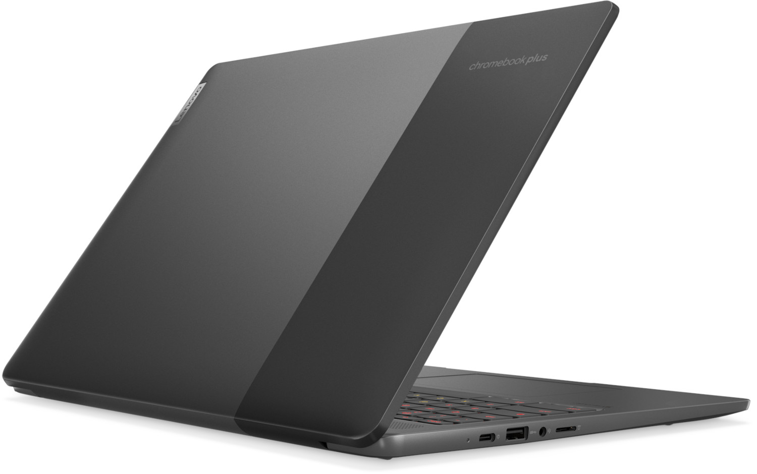 Een donkergrijze laptop met een zwart toetsenbord en een chromebook plus-logo.