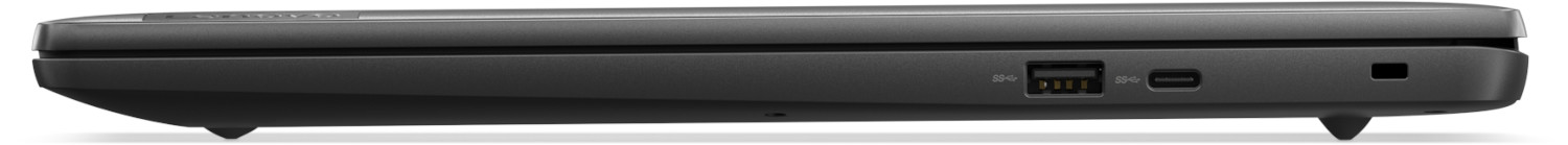 De zijaanzicht van een zwarte laptop met poorten. USB- en USB-C-poorten zijn zichtbaar.