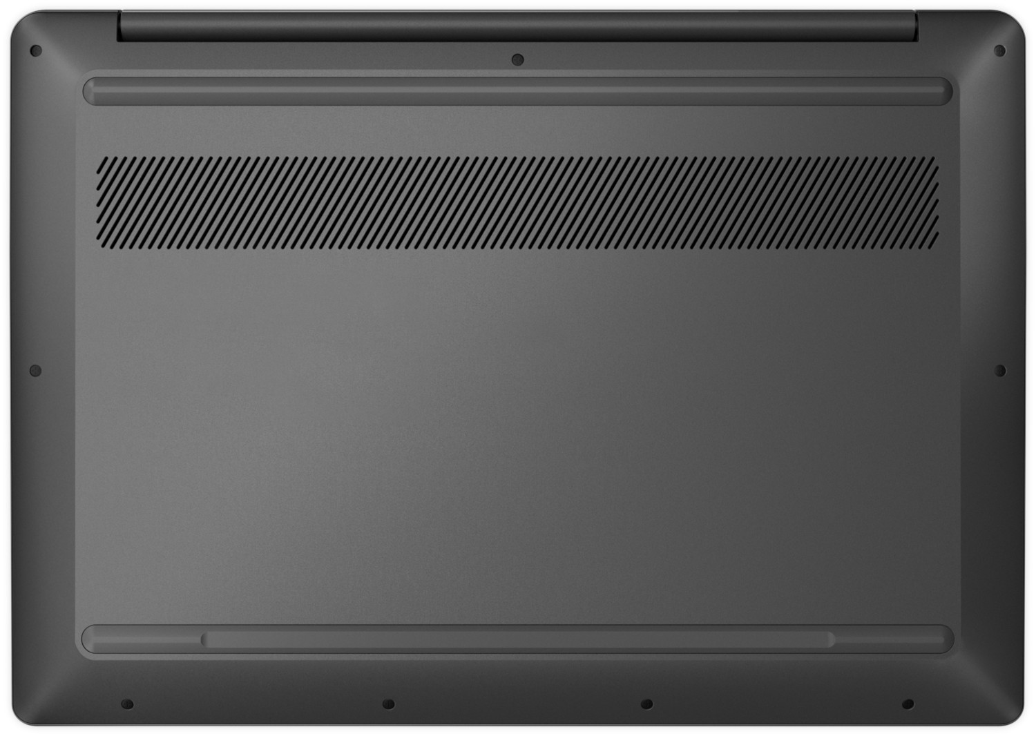 Onderkant van een grijze Lenovo laptop met ventilatieopeningen, schroeven en rubberen voetjes. Grijze achtergrond.