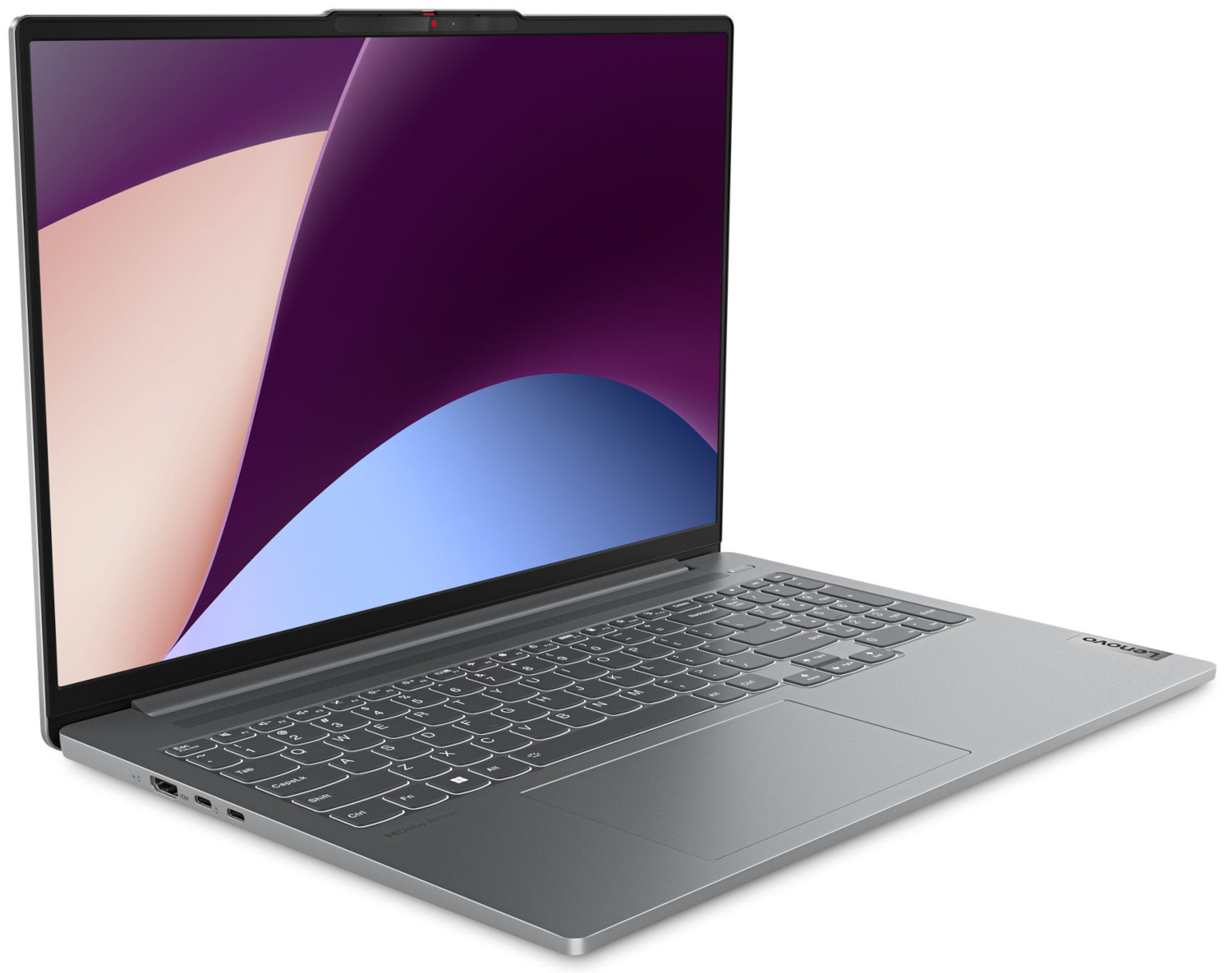 Laptop, open. Grijze kleur. Het scherm heeft paarse en witte abstracte patronen.