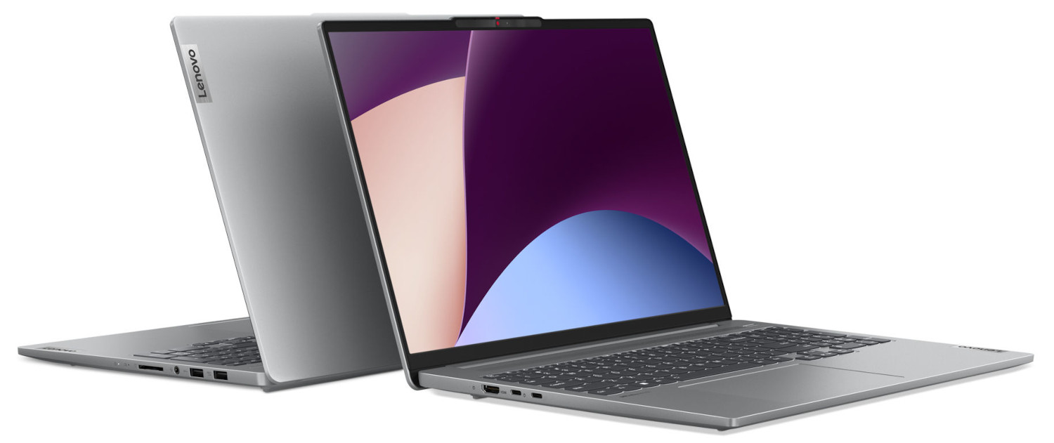 Twee zilveren Lenovo-laptops, waarvan één open, met een paars scherm op een witte achtergrond.