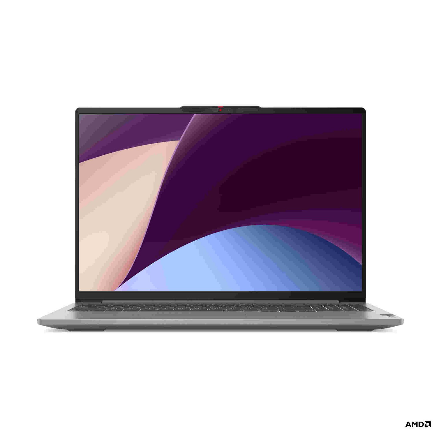 Zilveren laptop met paars-wit scherm op witte achtergrond.