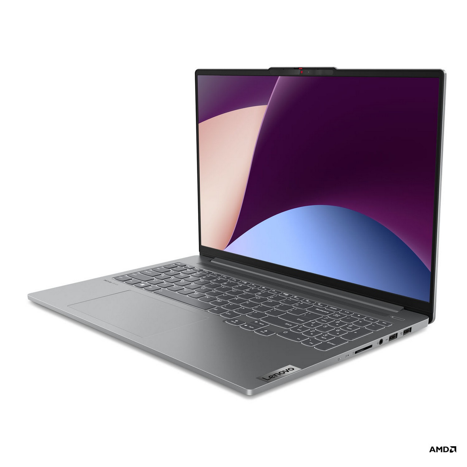 Een grijze laptop open op een wit oppervlak, met een paars en blauw scherm.