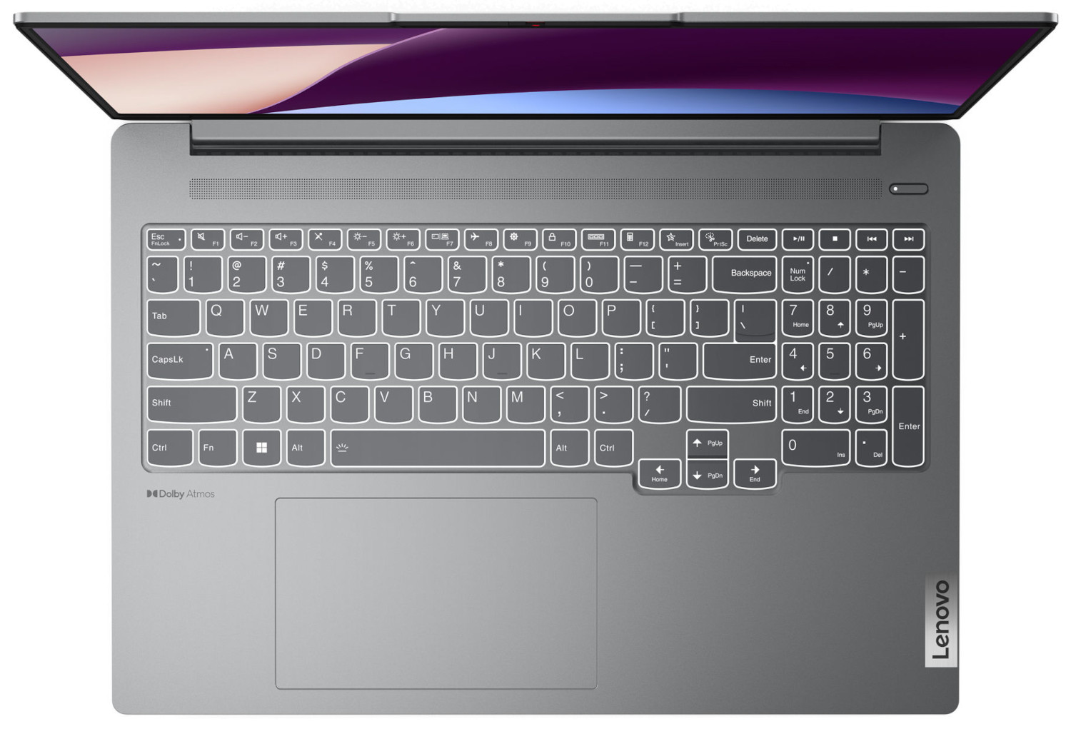 Bovenaanzicht van een grijze laptop. Toetsenbord, touchpad en scherm zichtbaar. Witte toetsen en frame.