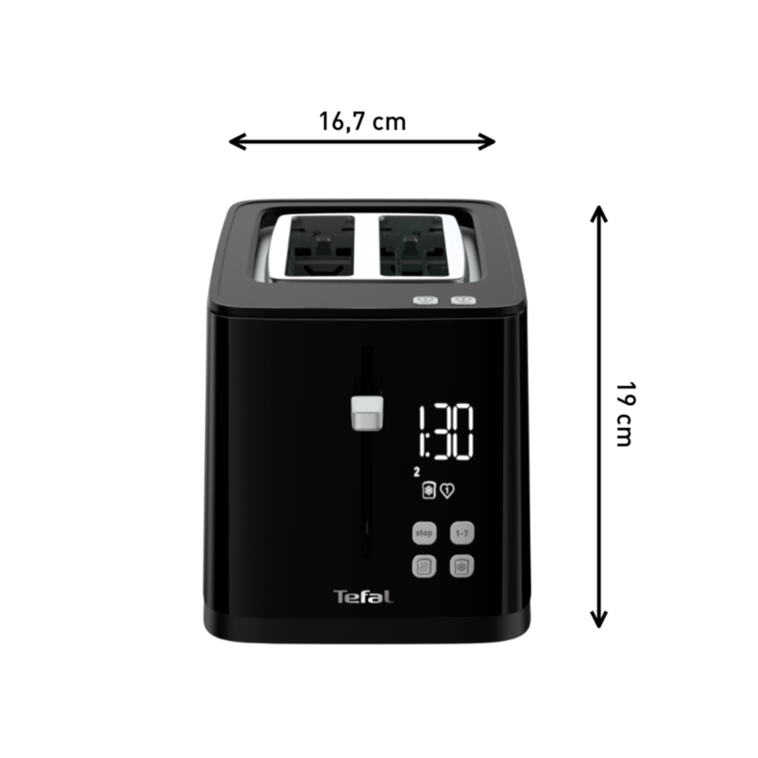 Grille-pain Tefal noir avec affichage numérique, dimensions indiquées. Le logo de la marque est devant.
