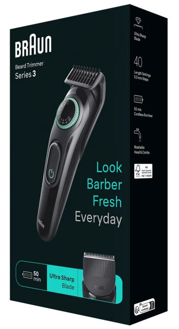 Czarne i zielone pudełko trymera do brody Braun. Trymer jest pokazany z tekstem 'Look Barber Fresh Everyday'.