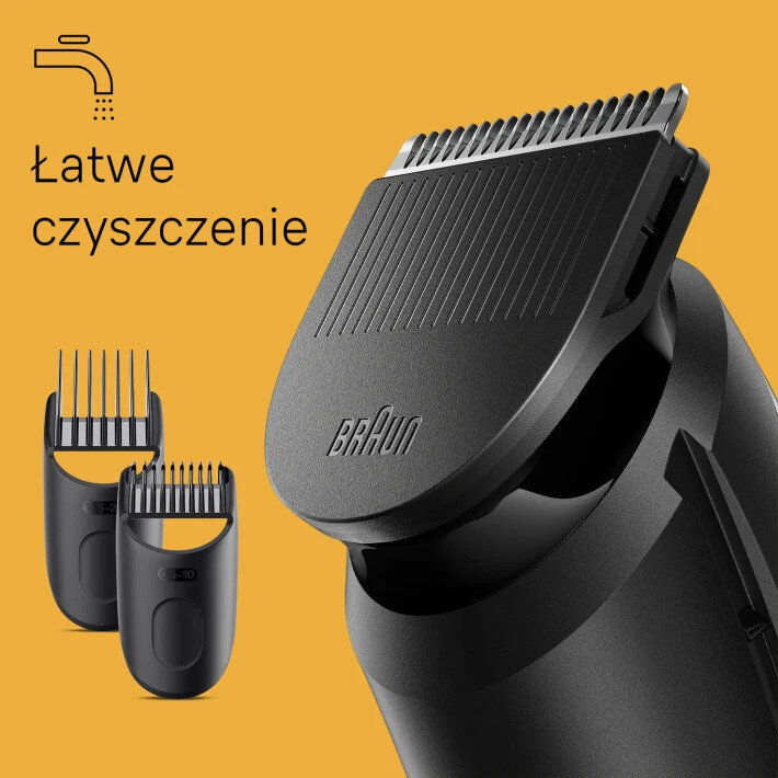 Zbliżenie czarnej maszynki do włosów z dwoma grzebieniami, ze słowem Braun i tekstem: łatwe czyszczenie.