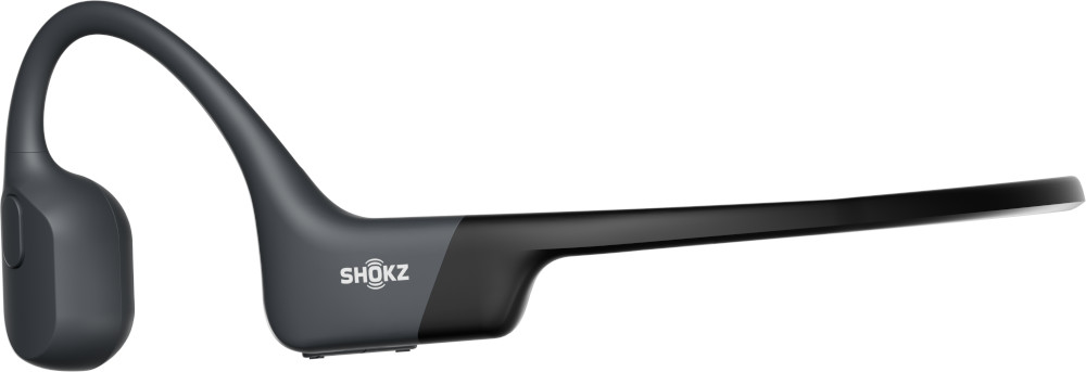 Casque à conduction osseuse Shokz noir. Le design est incurvé et repose sur les oreilles.