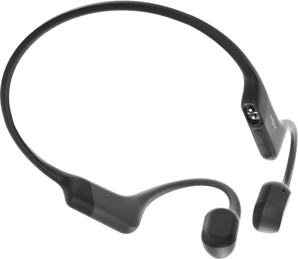 Casque à conduction osseuse noir sur fond blanc, avec design incurvé.