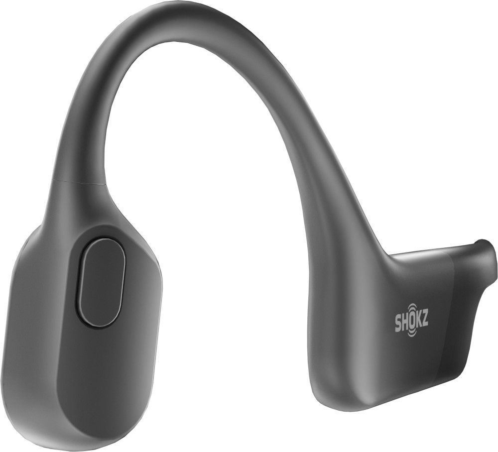 Casque à conduction osseuse sans fil noir. La marque 'SHOKZ' est imprimée sur l'appareil.