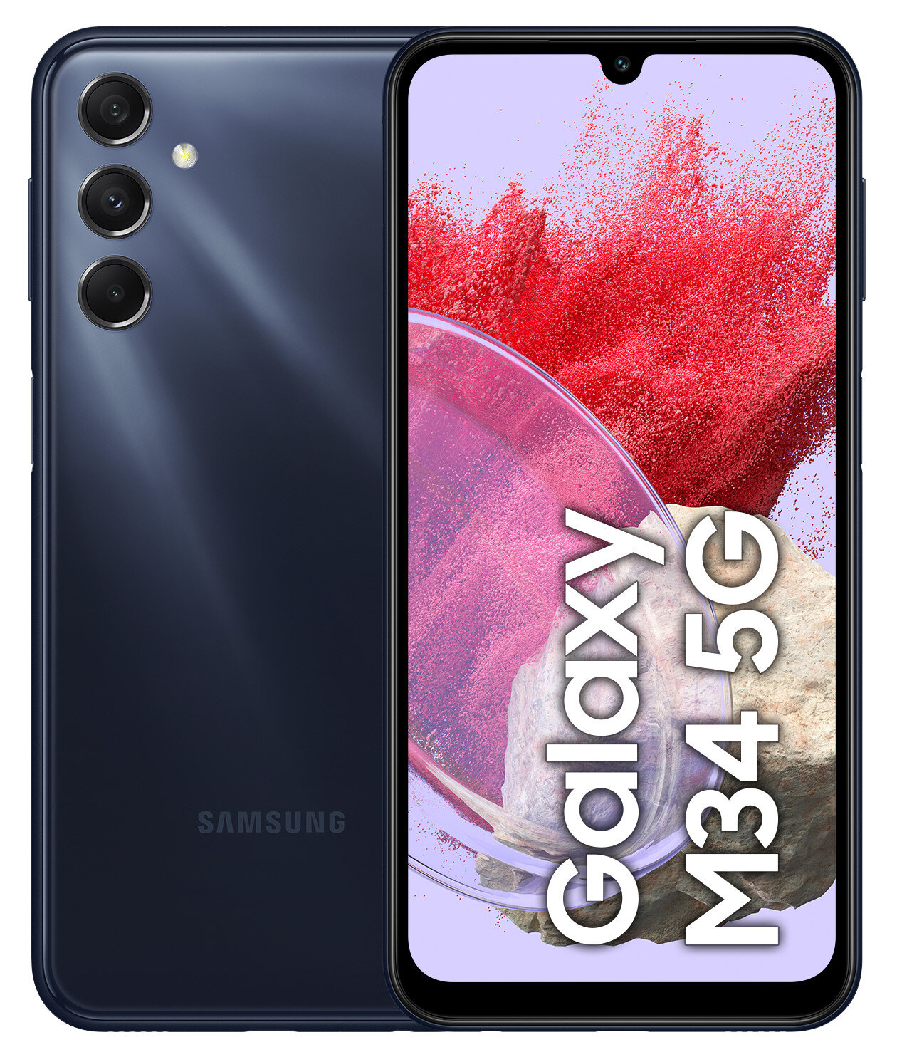 Niebieski telefon Samsung Galaxy M34 5G, z widocznym tyłem i ekranem. Ekran wyświetla tekst.