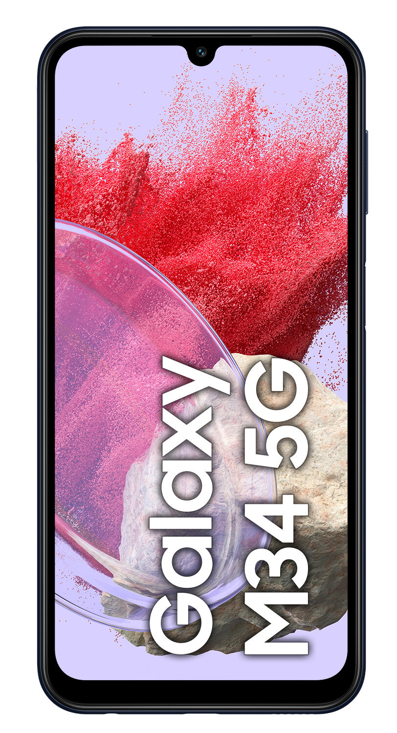 Smartfon Samsung Galaxy M34 5G, pokazujący przedni ekran z kolorowym tłem.