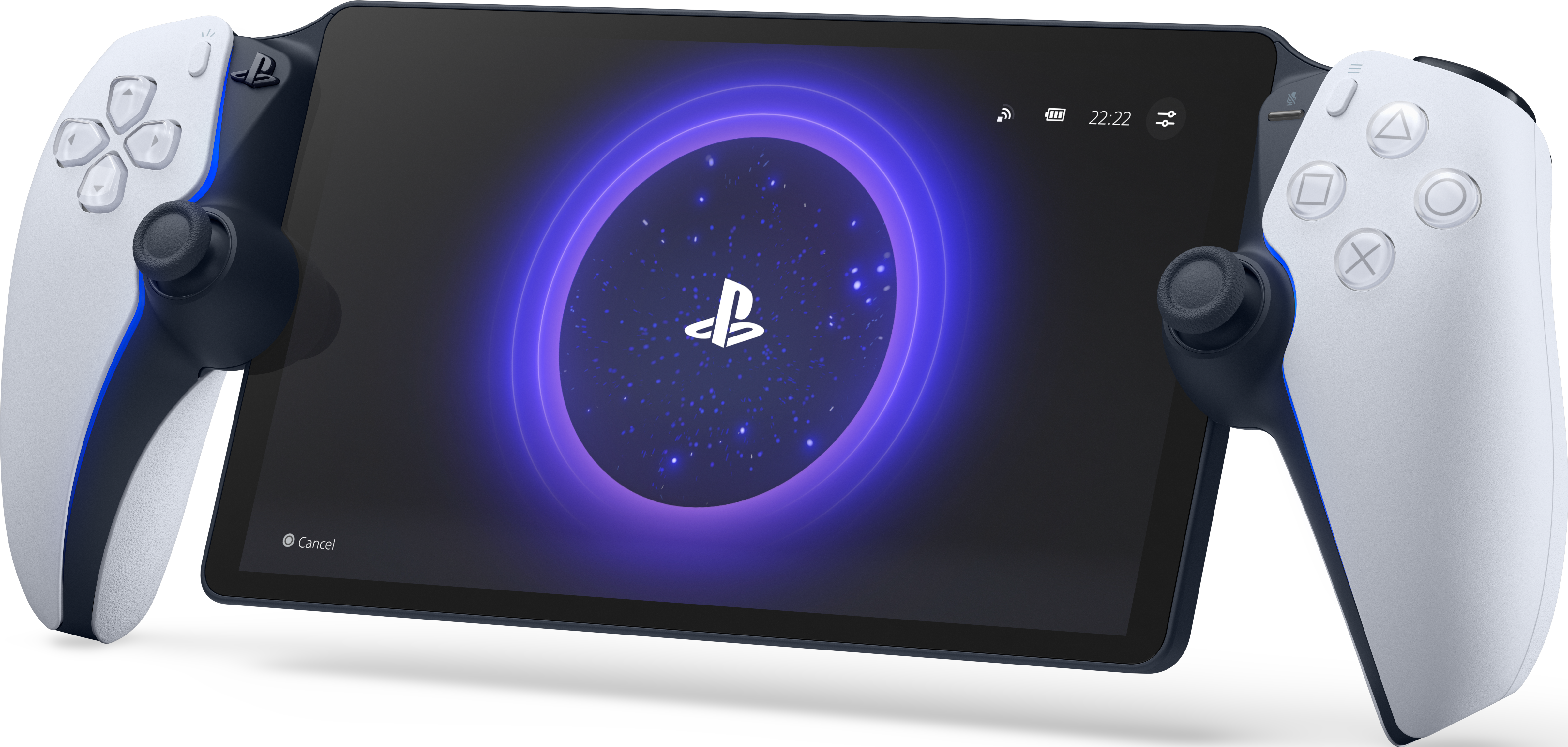 Tablet con due controller bianchi su entrambi i lati. Un cerchio blu con un logo PlayStation sullo schermo.