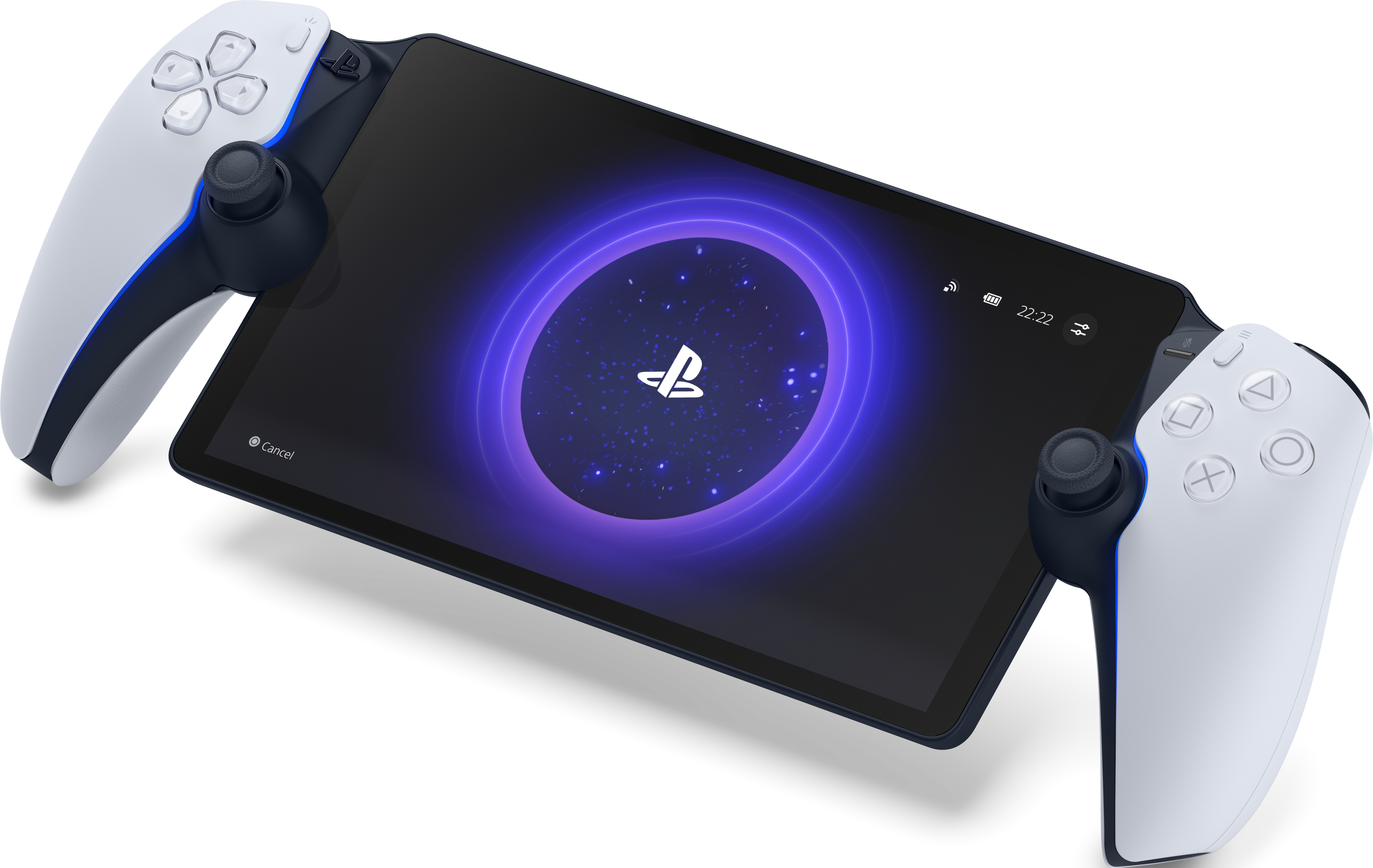 Un tablet con controller di gioco bianchi e blu collegati, che mostra un logo PlayStation.