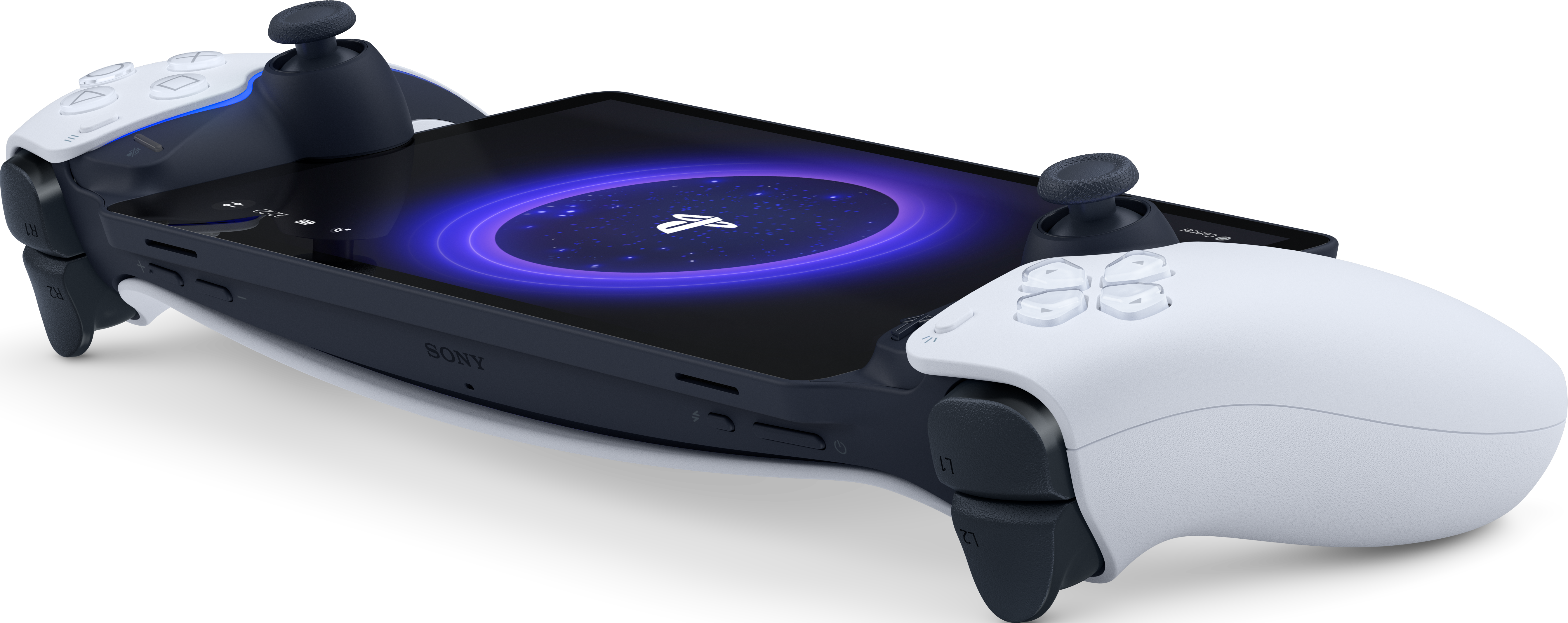 Un controller PlayStation con un telefono collegato. Lo schermo del telefono mostra un cerchio blu.