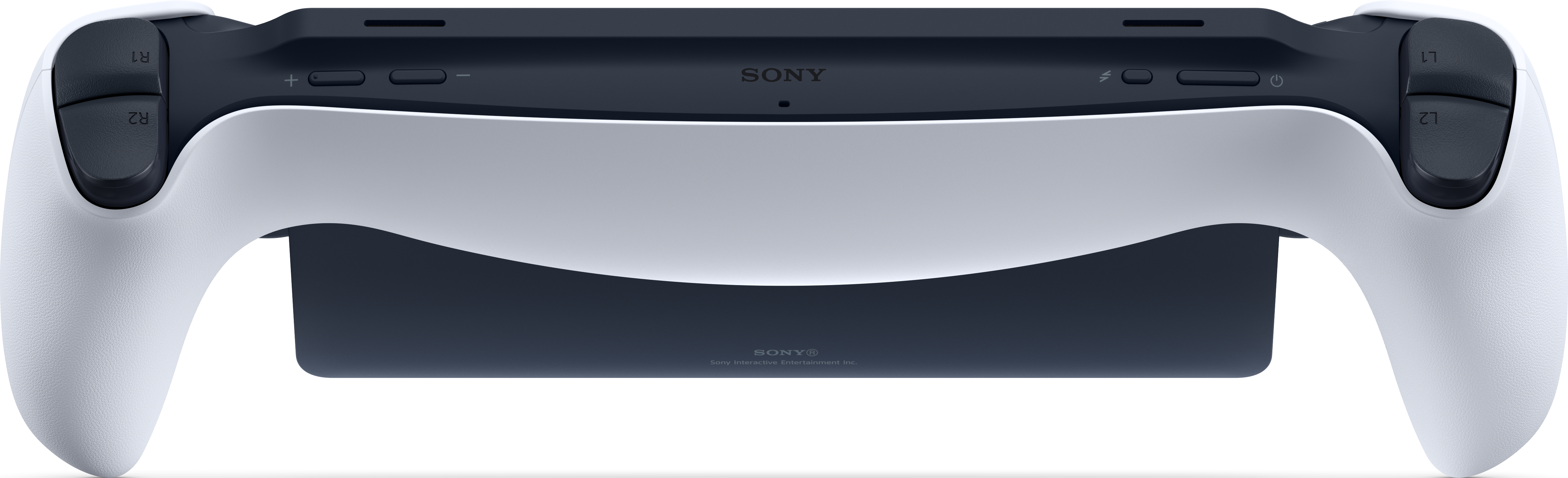 Un controller bianco e nero. Il controller ha pulsanti sulla parte superiore e sui lati. È un dispositivo di gioco.