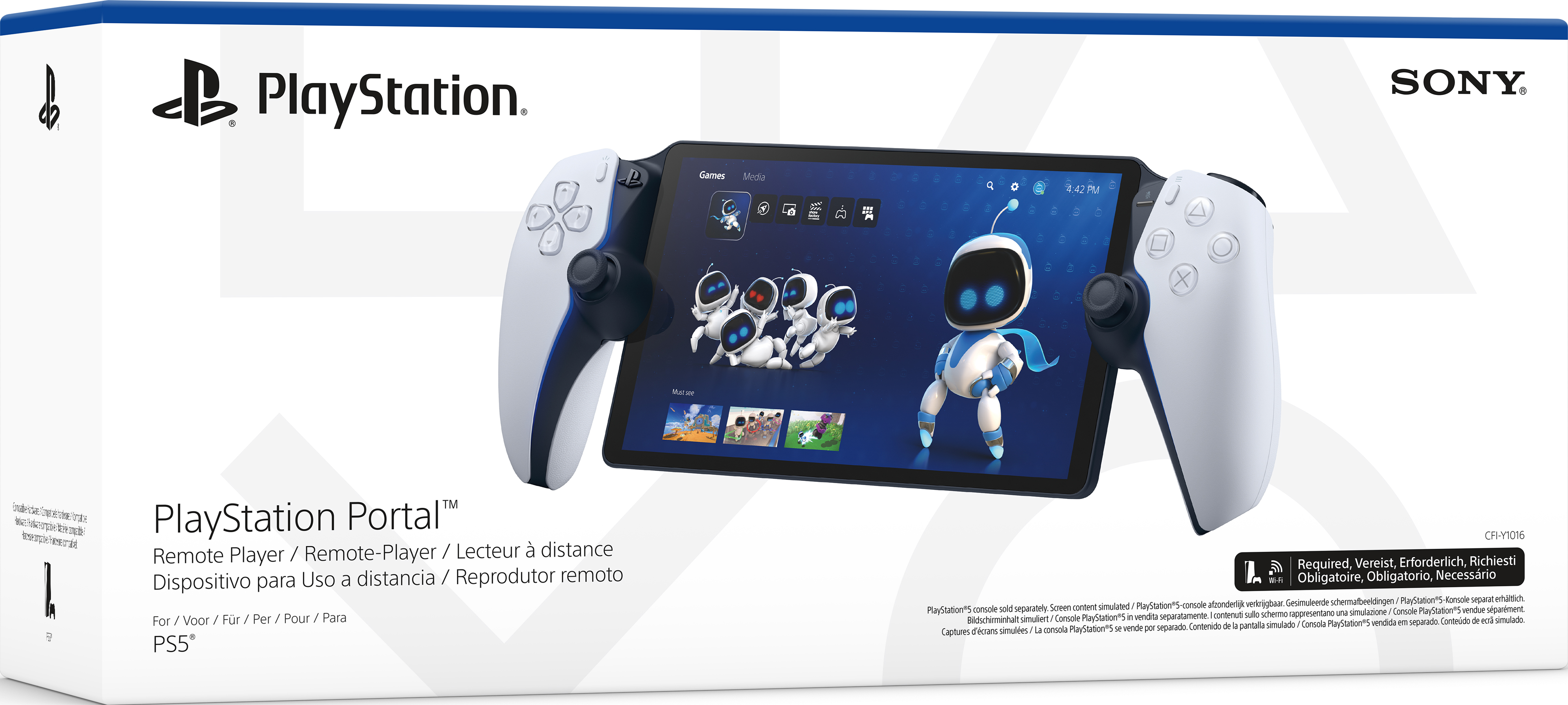 Una scatola di PlayStation Portal. Mostra il dispositivo con i suoi controller e uno schermo che mostra un gioco.