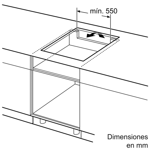 Dibujo lineal de una encimera cortada en una encimera. Muestra dimensiones mínimas en mm.