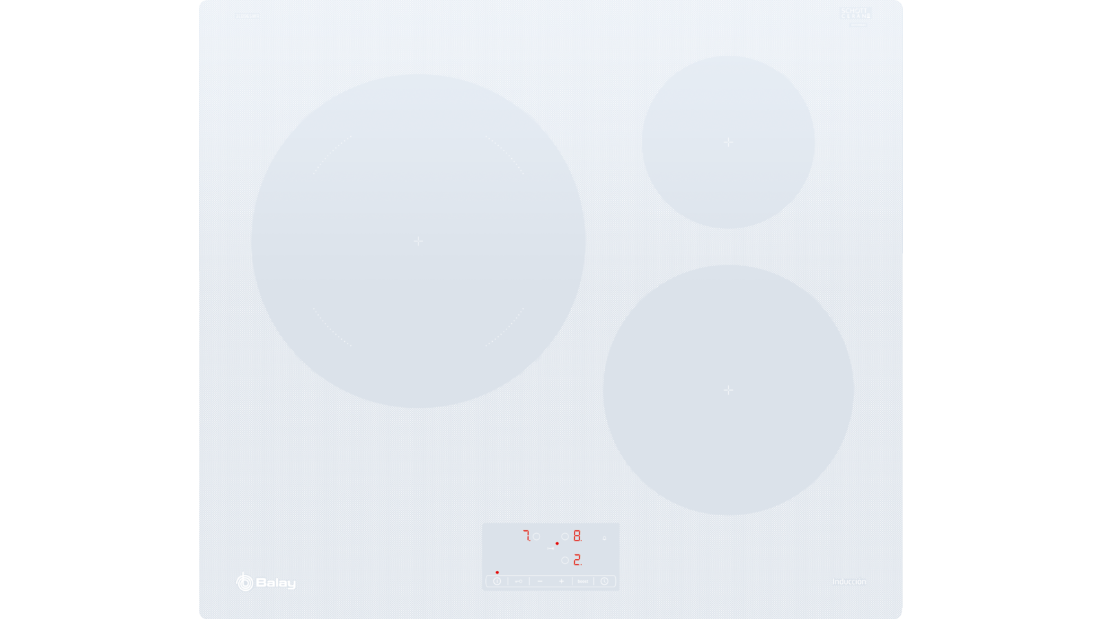 Encimera de inducción blanca con tres zonas de calentamiento circulares y pantalla digital.